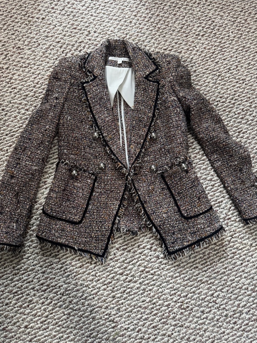 Tweed Fringed Double-Breasted Jacket - Brown